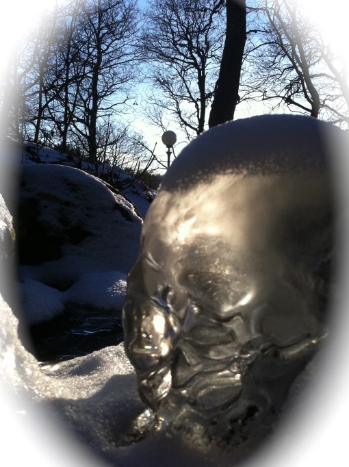 Se hur solens ljus lyser upp isskulpturen i bäcken